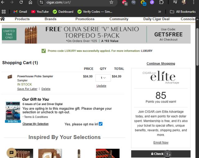 CIGAR.com checkout page showing CIGAR.com promo code box | Screenshot taken by SimplyCodes community member on Aug 11, 2025