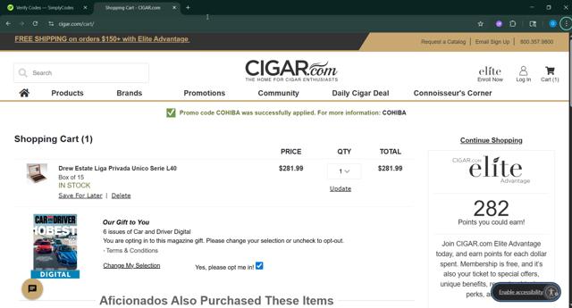 CIGAR.com checkout page showing CIGAR.com promo code box | Screenshot taken by SimplyCodes community member on Sep 3, 2025
