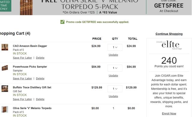 CIGAR.com checkout page showing CIGAR.com promo code box | Screenshot taken by SimplyCodes community member on Aug 10, 2025