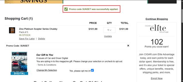 CIGAR.com checkout page showing CIGAR.com promo code box | Screenshot taken by SimplyCodes community member on Aug 15, 2025
