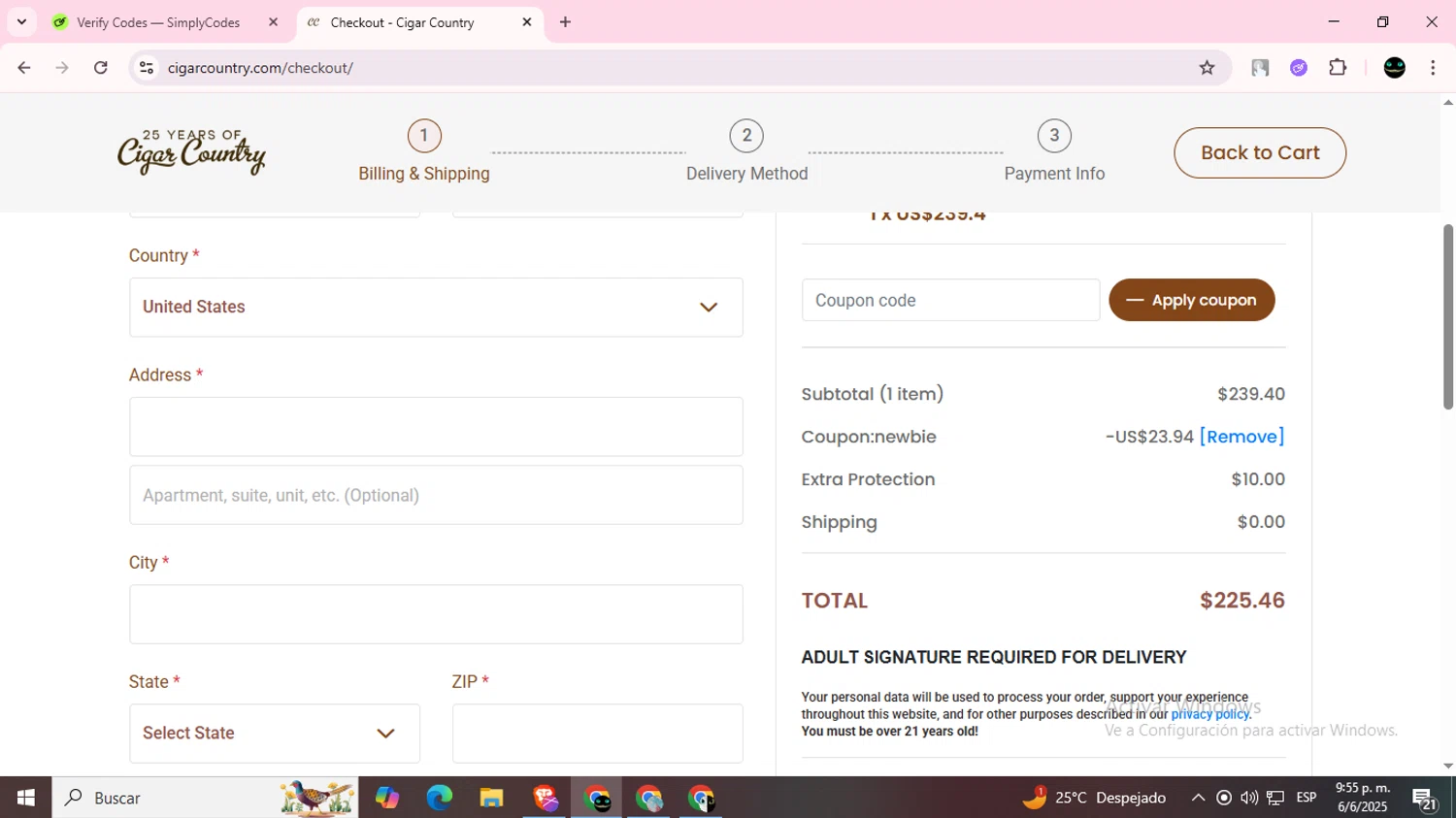 Cigar Country coupon code screenshot showing code NEWBIE applied at Cigar Country checkout page. Uploaded by SimplyCodes community member BargainWizard5755 on Jun 7, 2025