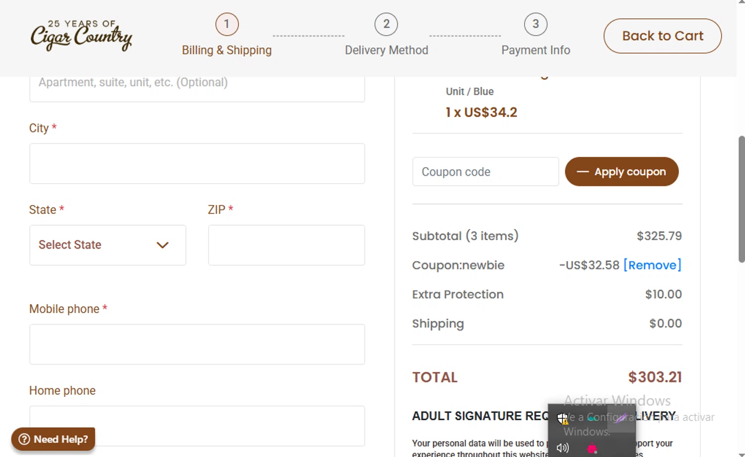 Cigar Country coupon code screenshot showing code NEWBIE applied at Cigar Country checkout page. Uploaded by SimplyCodes community member mariapolancog on Jun 14, 2025