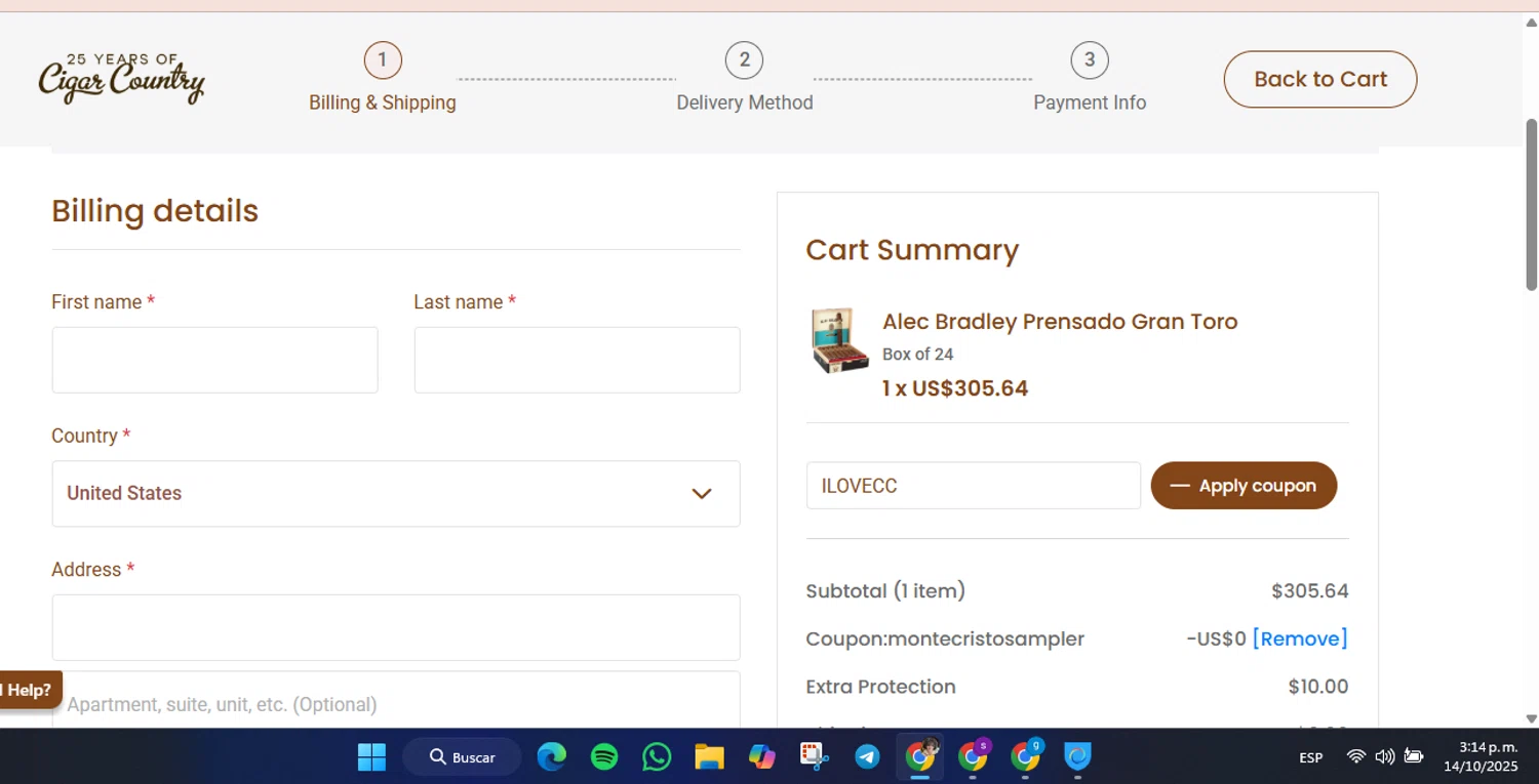 Cigar Country coupon code screenshot showing code ILOVECC applied at Cigar Country checkout page. Uploaded by SimplyCodes community member luisaballera on Oct 14, 2025
