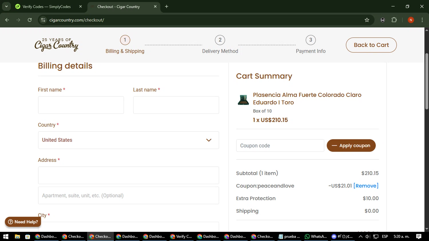Cigar Country coupon code screenshot showing code peaceandlove applied at Cigar Country checkout page. Uploaded by SimplyCodes community member MagnificentScout194 on Sep 16, 2025