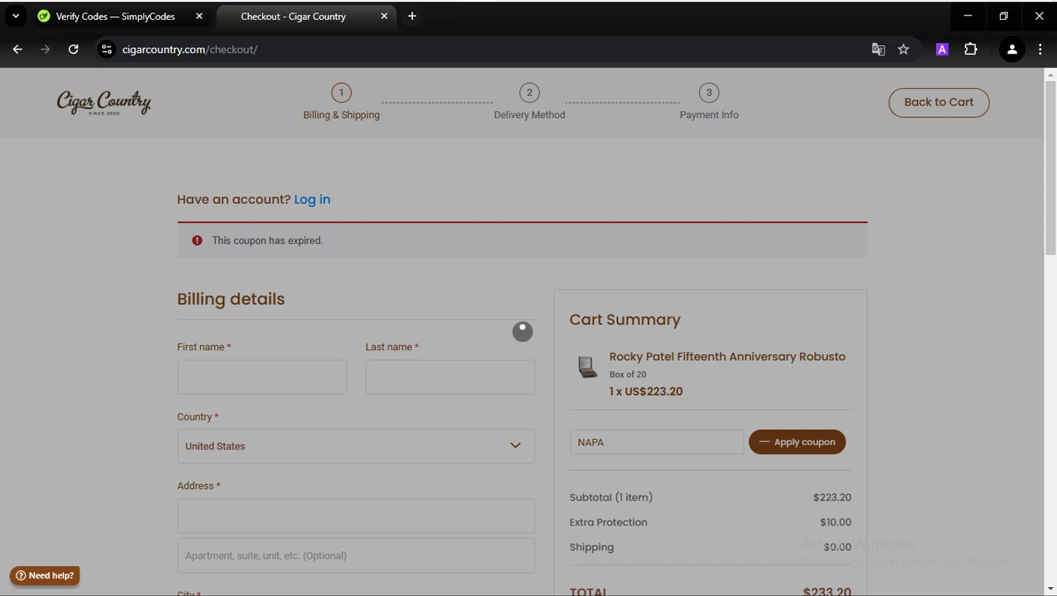 Cigar Country coupon code screenshot showing code NAPA applied at Cigar Country checkout page. Uploaded by SimplyCodes community member CarlesPlanas on Jan 30, 2025
