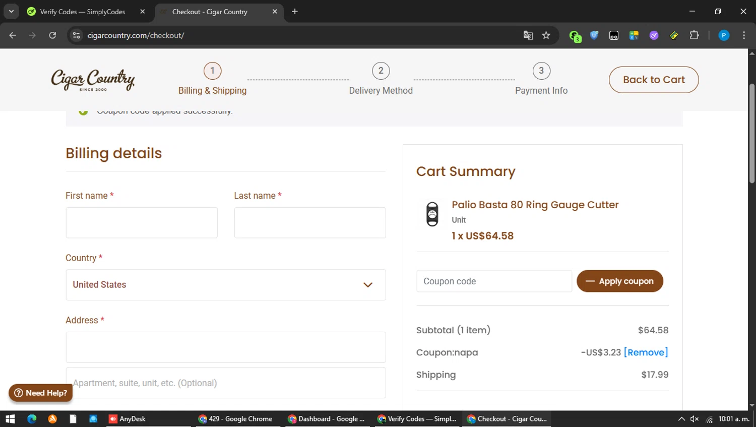 Cigar Country promo code screenshot showing code NAPA applied at Cigar Country checkout page. Uploaded by SimplyCodes community member MAVESA on Feb 16, 2026