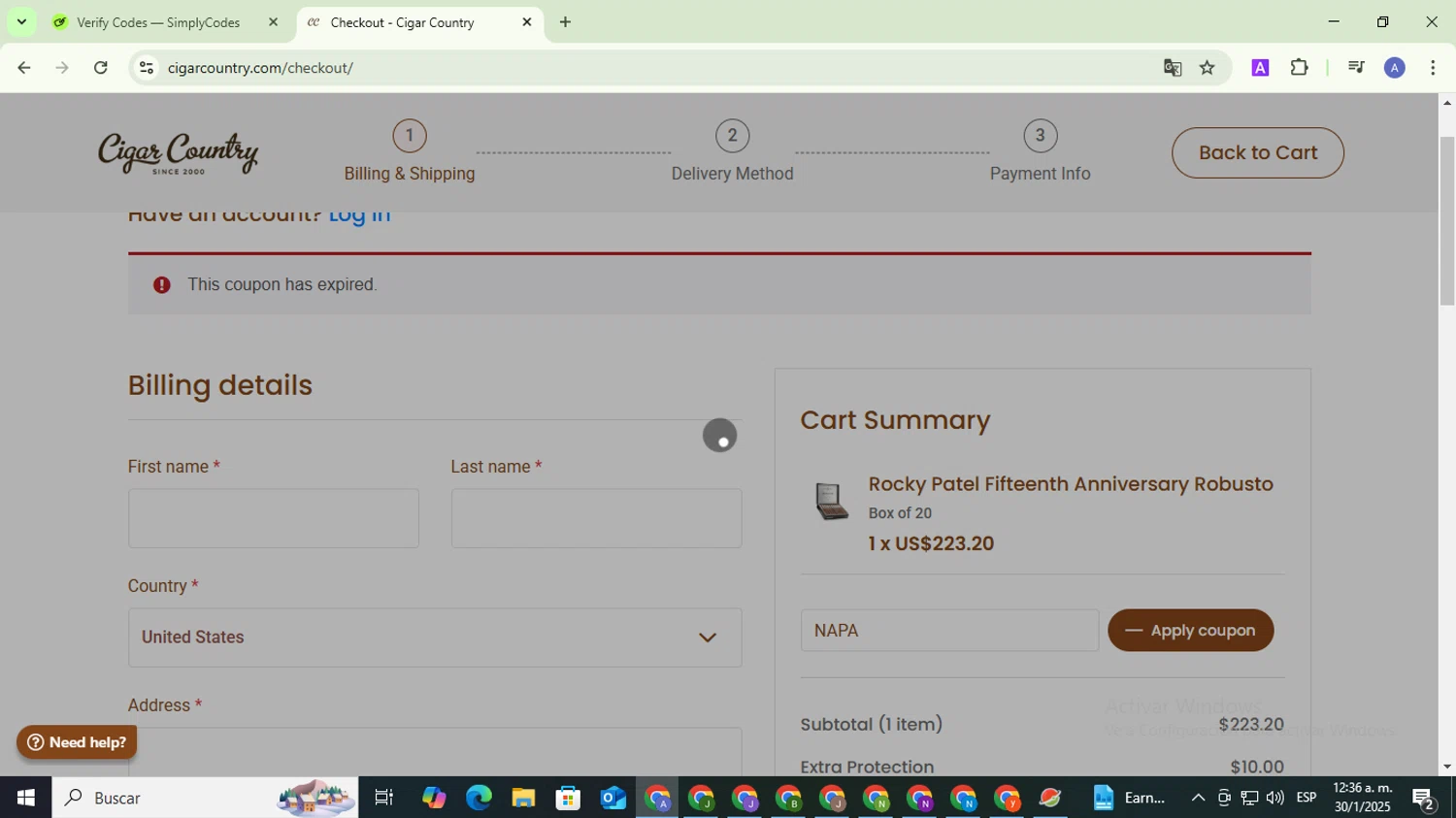 Cigar Country coupon code screenshot showing code NAPA applied at Cigar Country checkout page. Uploaded by SimplyCodes community member TreasureCaptain5531 on Jan 30, 2025
