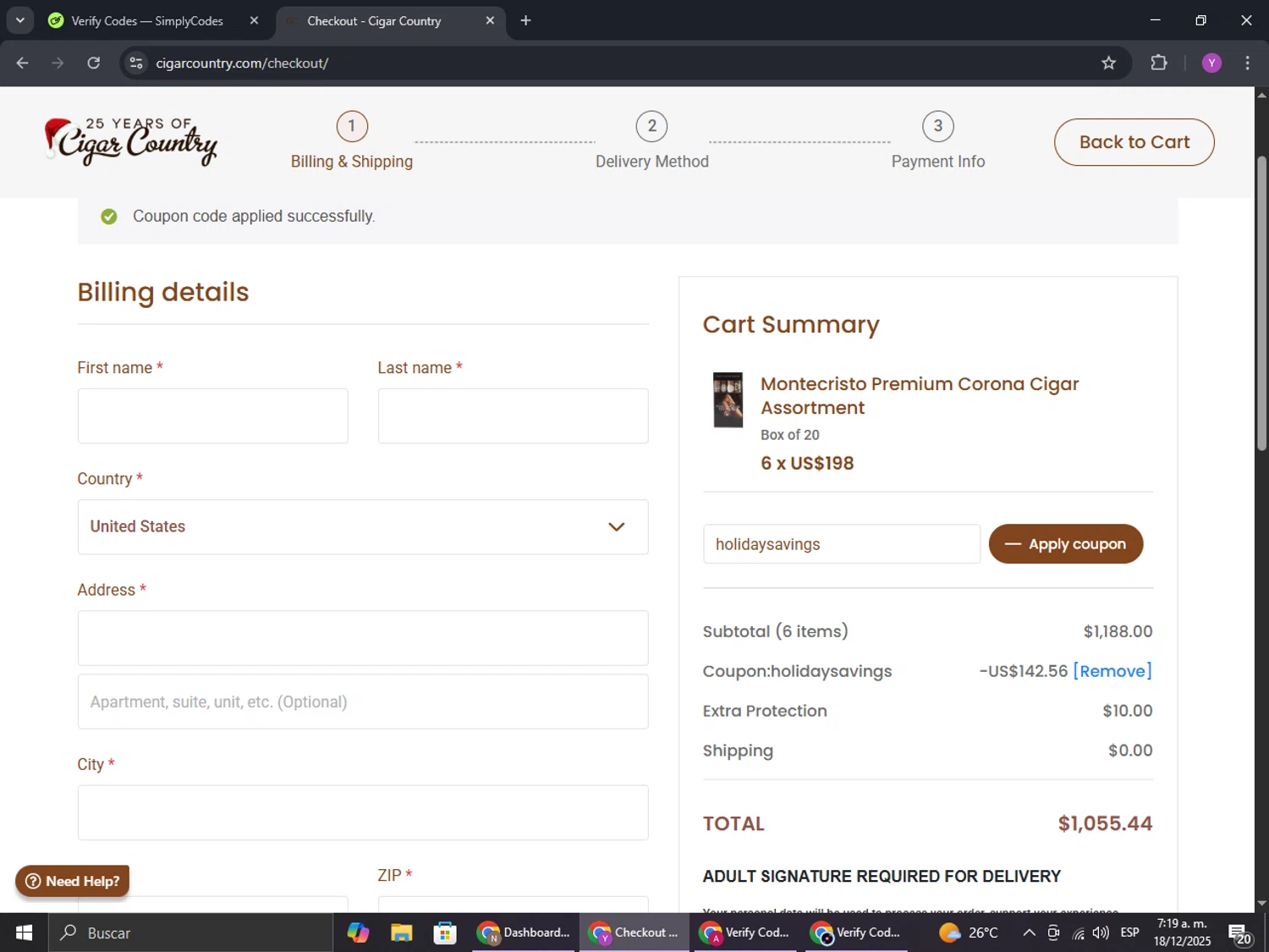 Cigar Country checkout page showing Cigar Country coupon code box | Screenshot taken by SimplyCodes community member on Dec 18, 2025