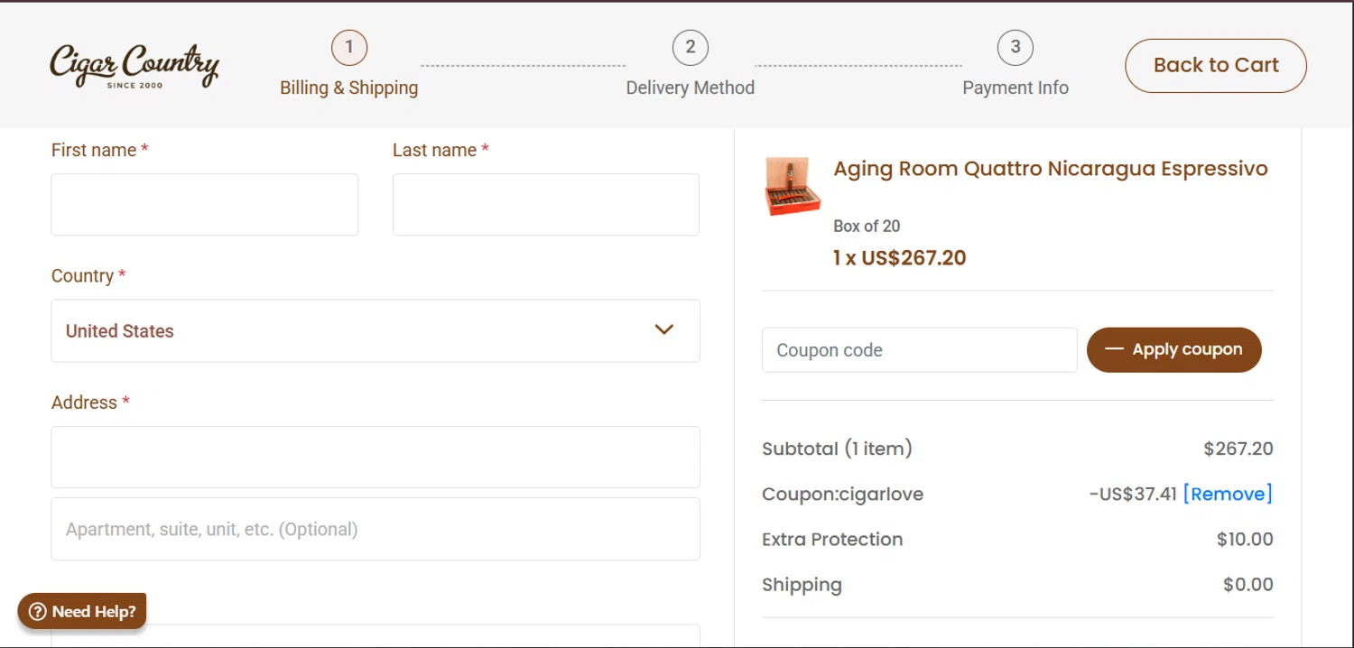 Cigar Country coupon code screenshot showing code Cigarlove applied at Cigar Country checkout page. Uploaded by SimplyCodes community member CleverGenius9882 on Feb 12, 2026