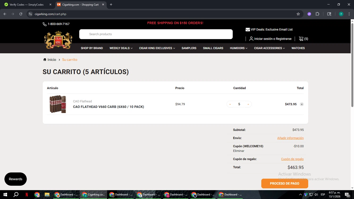 Cigar King checkout page showing Cigar King discount code box | Screenshot taken by SimplyCodes community member on Jan 13, 2026