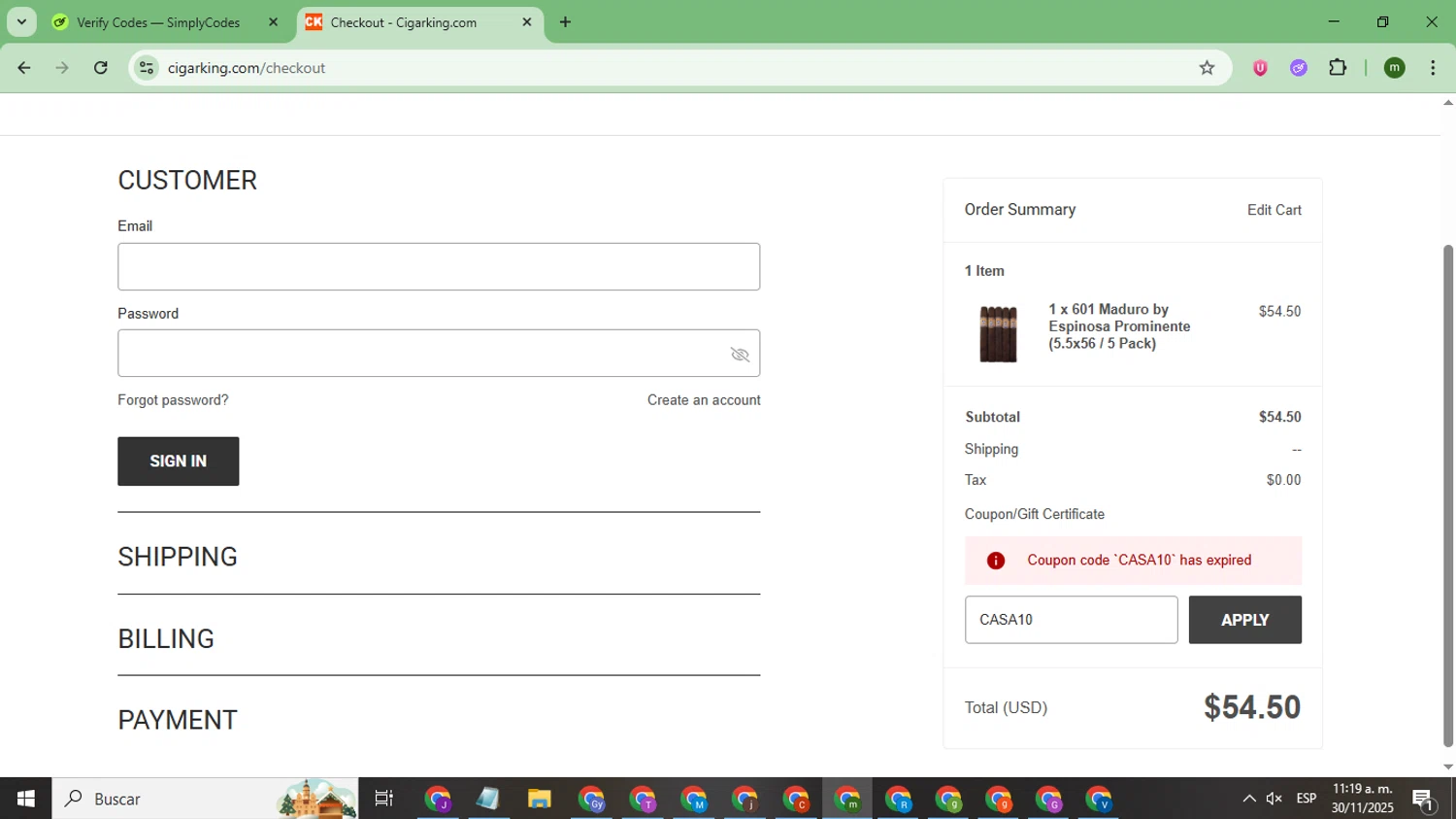 Cigar King discount code screenshot showing code CASA10 applied at Cigar King checkout page. Uploaded by SimplyCodes community member CoinSage7057 on Nov 30, 2025