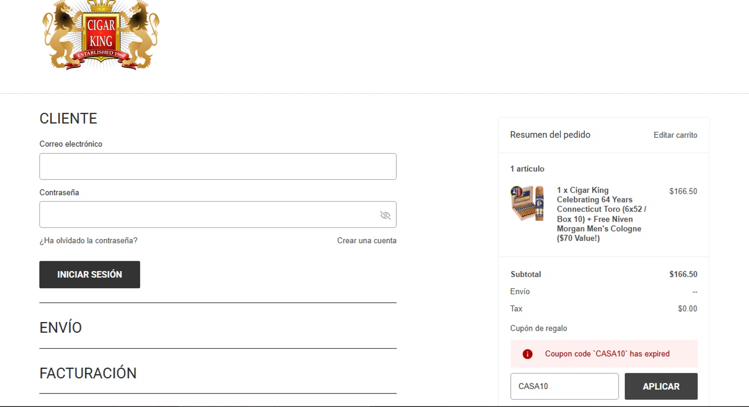 Cigar King discount code screenshot showing code CASA10 applied at Cigar King checkout page. Uploaded by SimplyCodes community member Eliaslpz on Nov 30, 2025