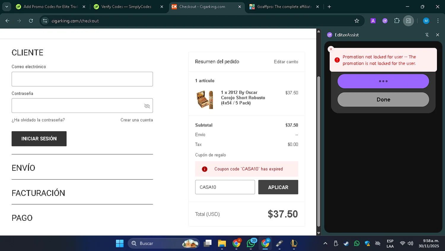 Cigar King discount code screenshot showing code CASA10 applied at Cigar King checkout page. Uploaded by SimplyCodes community member rosamiranda on Nov 30, 2025