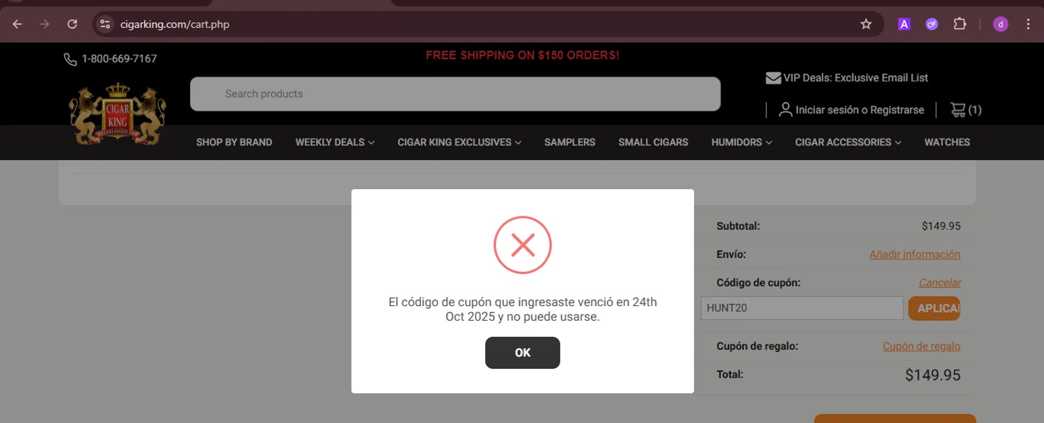 Cigar King discount code screenshot showing code HUNT20 applied at Cigar King checkout page. Uploaded by SimplyCodes community member PennyTiger4891 on Oct 28, 2025