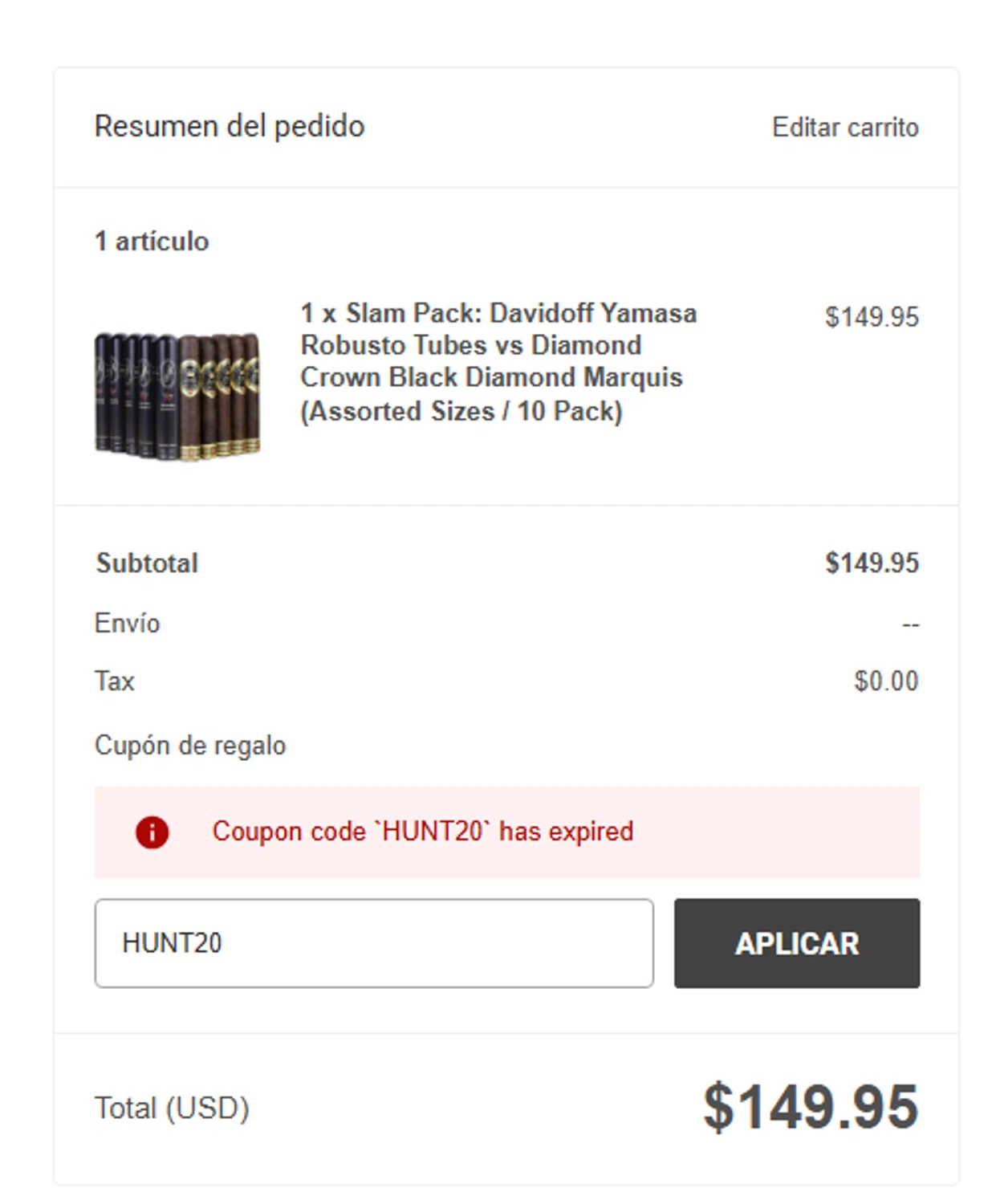 Cigar King discount code screenshot showing code HUNT20 applied at Cigar King checkout page. Uploaded by SimplyCodes community member MARIO12 on Oct 28, 2025
