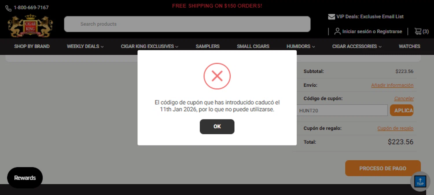 Cigar King discount code screenshot showing code HUNT20 applied at Cigar King checkout page. Uploaded by SimplyCodes community member TraxoGamer on Jan 14, 2026