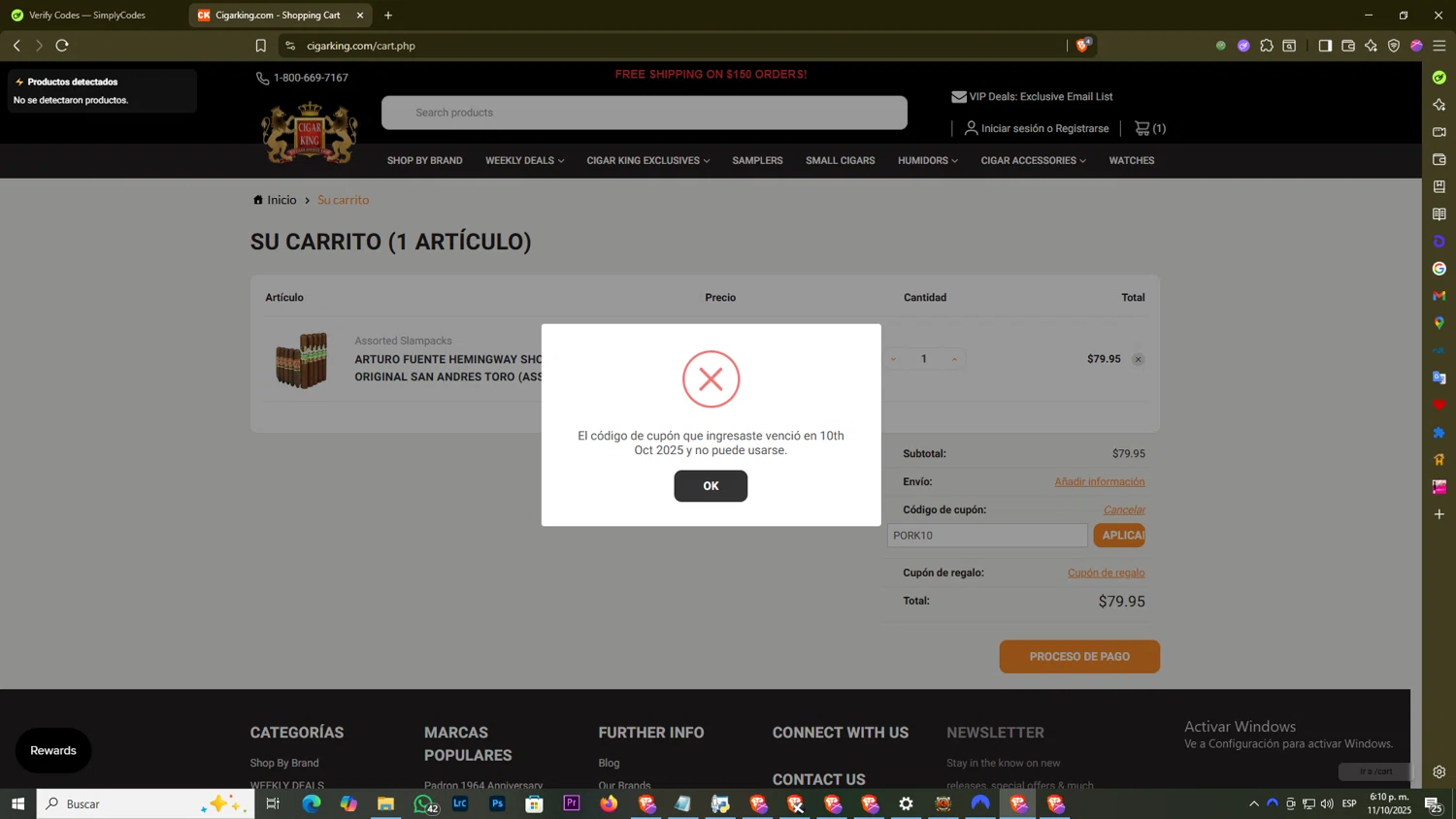 Cigar King discount code screenshot showing code PORK10 applied at Cigar King checkout page. Uploaded by SimplyCodes community member DiscountExpert556 on Oct 11, 2025