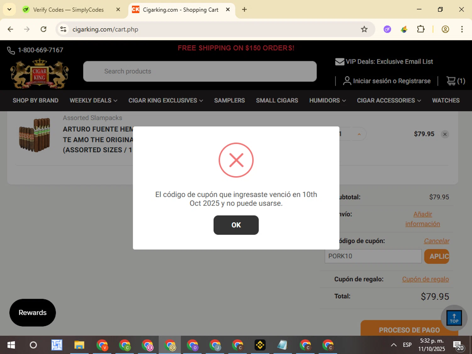Cigar King discount code screenshot showing code PORK10 applied at Cigar King checkout page. Uploaded by SimplyCodes community member VictorL on Oct 11, 2025