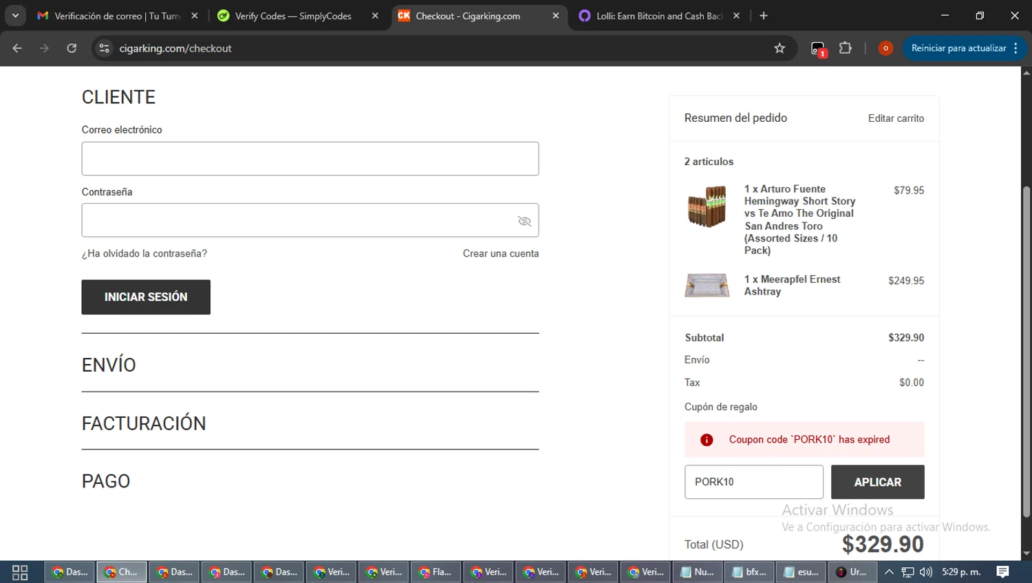 Cigar King discount code screenshot showing code PORK10 applied at Cigar King checkout page. Uploaded by SimplyCodes community member WiseTracker2171 on Oct 11, 2025