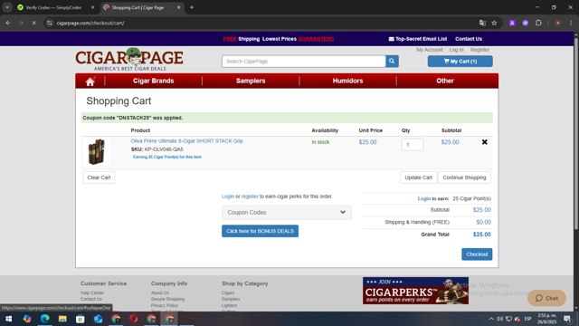 CigarPage checkout page showing CigarPage coupon code box | Screenshot taken by SimplyCodes community member on Aug 26, 2025