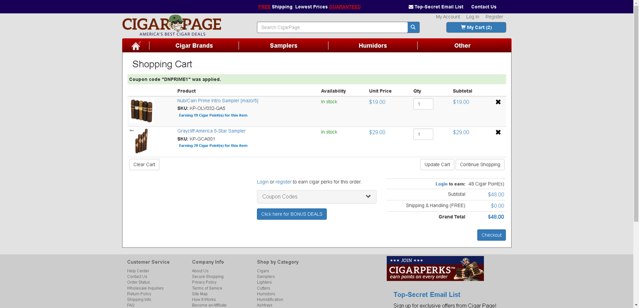 CigarPage checkout page showing CigarPage coupon code box | Screenshot taken by SimplyCodes community member on Sep 6, 2025