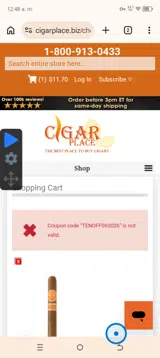 CigarPlace coupon verification screenshot