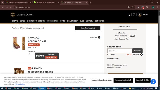Cigars.com checkout page showing Cigars.com coupon code box | Screenshot taken by SimplyCodes community member on Aug 17, 2025