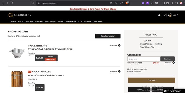 Cigars.com checkout page showing Cigars.com coupon code box | Screenshot taken by SimplyCodes community member on Jul 23, 2025