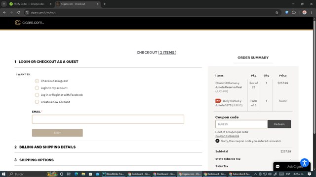 Cigars.com checkout page showing Cigars.com coupon code box | Screenshot taken by SimplyCodes community member on Aug 17, 2025