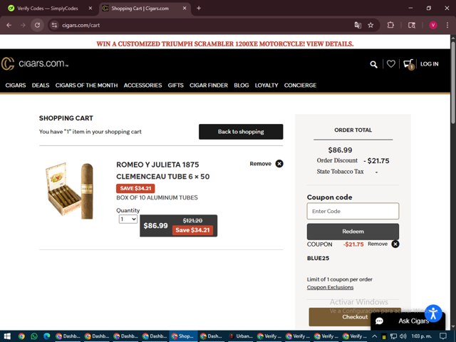 Cigars.com checkout page showing Cigars.com coupon code box | Screenshot taken by SimplyCodes community member on Aug 4, 2025