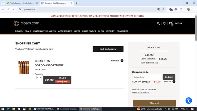 Cigars.com checkout page showing Cigars.com coupon code box | Screenshot taken by SimplyCodes community member on Aug 15, 2025