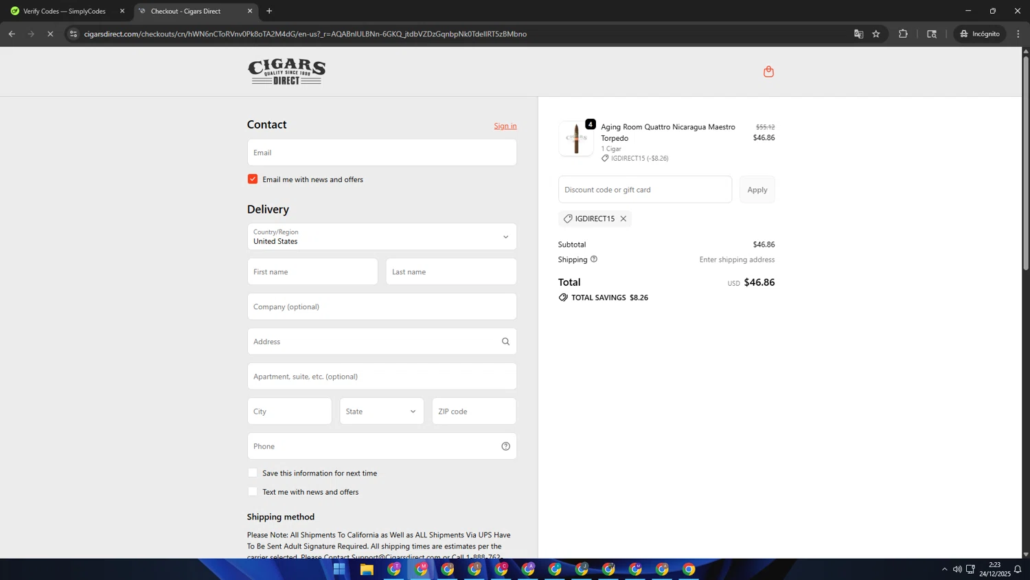 Cigars Direct discount code screenshot showing code IGDIRECT15 applied at Cigars Direct checkout page. Uploaded by SimplyCodes community member CBR600 on Dec 24, 2025