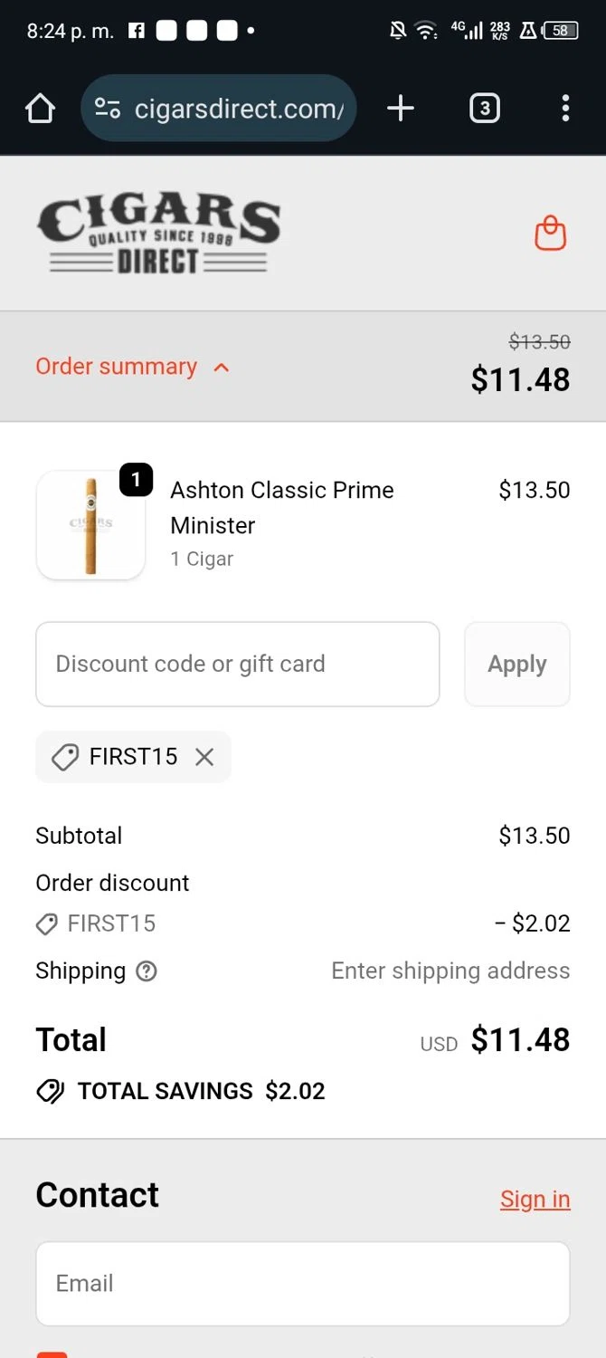 Cigars Direct discount code screenshot showing code First15 applied at Cigars Direct checkout page. Uploaded by SimplyCodes community member CrownCollector9208 on Dec 6, 2025