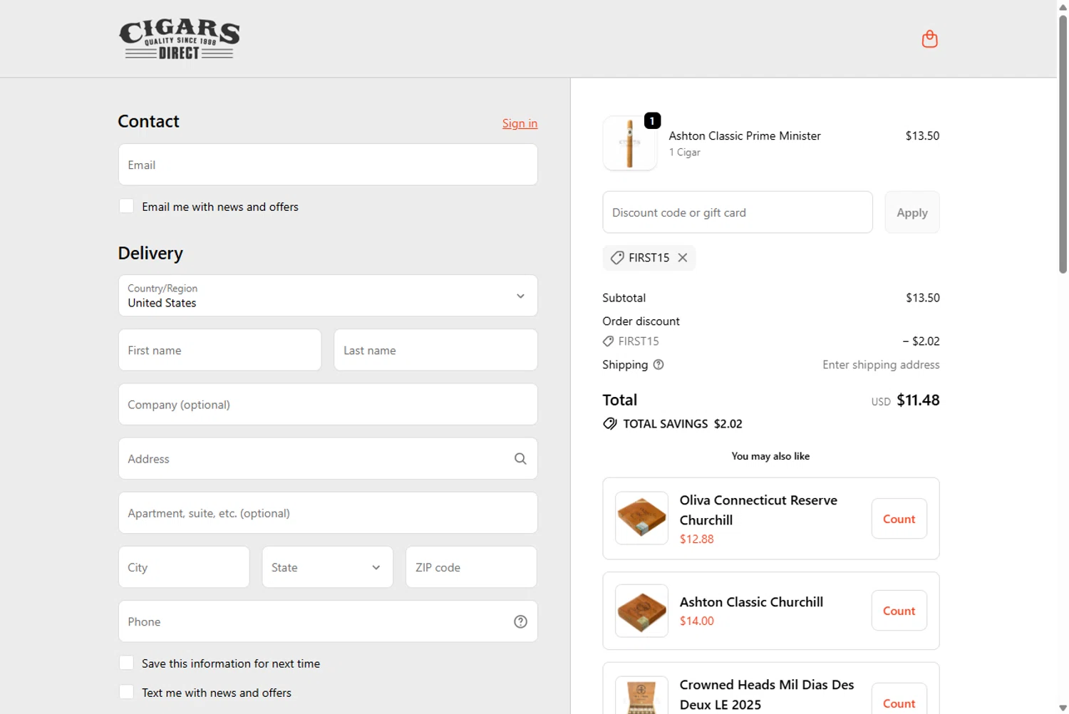 Cigars Direct discount code screenshot showing code First15 applied at Cigars Direct checkout page. Uploaded by SimplyCodes community member Rossimar on Jan 23, 2026