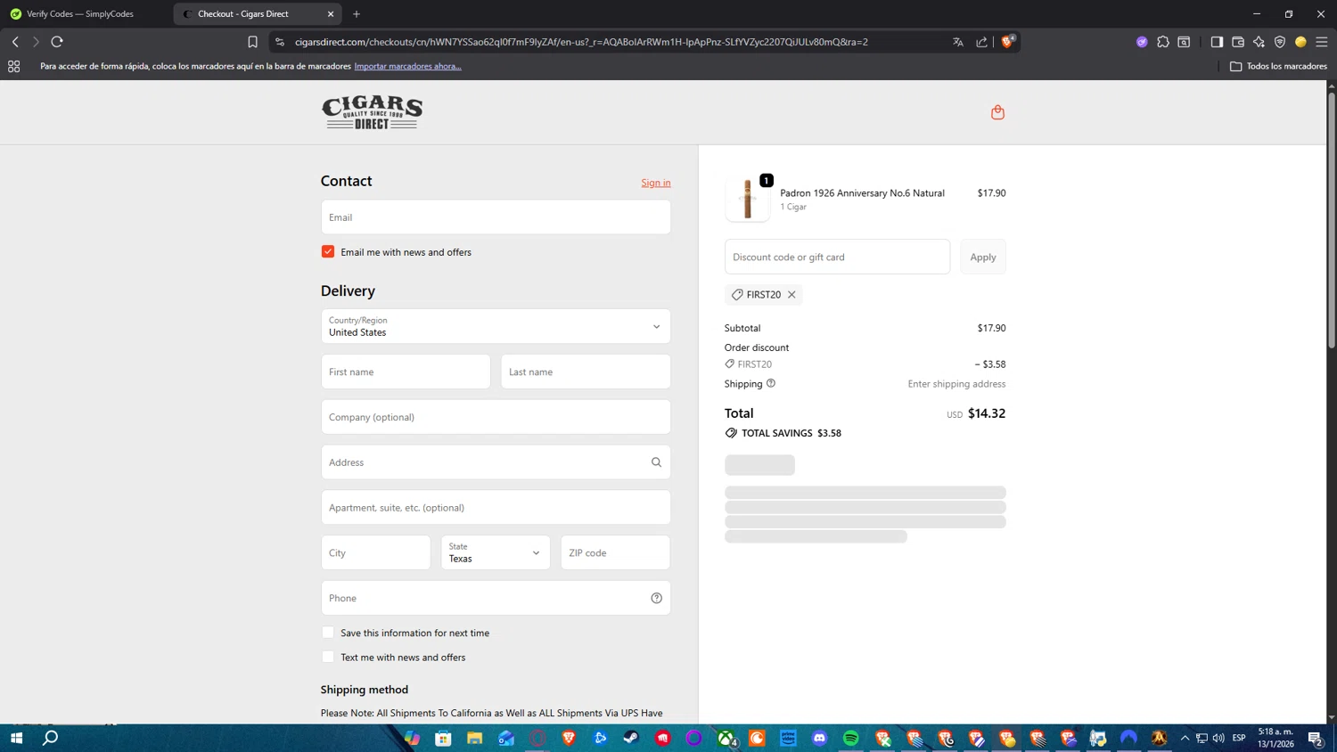 Cigars Direct discount code screenshot showing code FIRST20 applied at Cigars Direct checkout page. Uploaded by SimplyCodes community member RickelHumilde on Jan 13, 2026