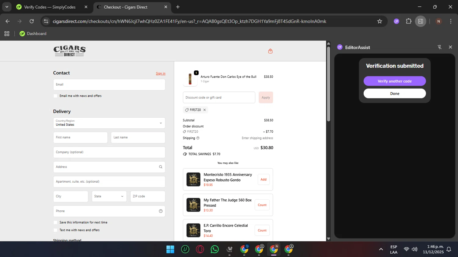 Cigars Direct discount code screenshot showing code FIRST20 applied at Cigars Direct checkout page. Uploaded by SimplyCodes community member Sungjinwoo on Dec 11, 2025