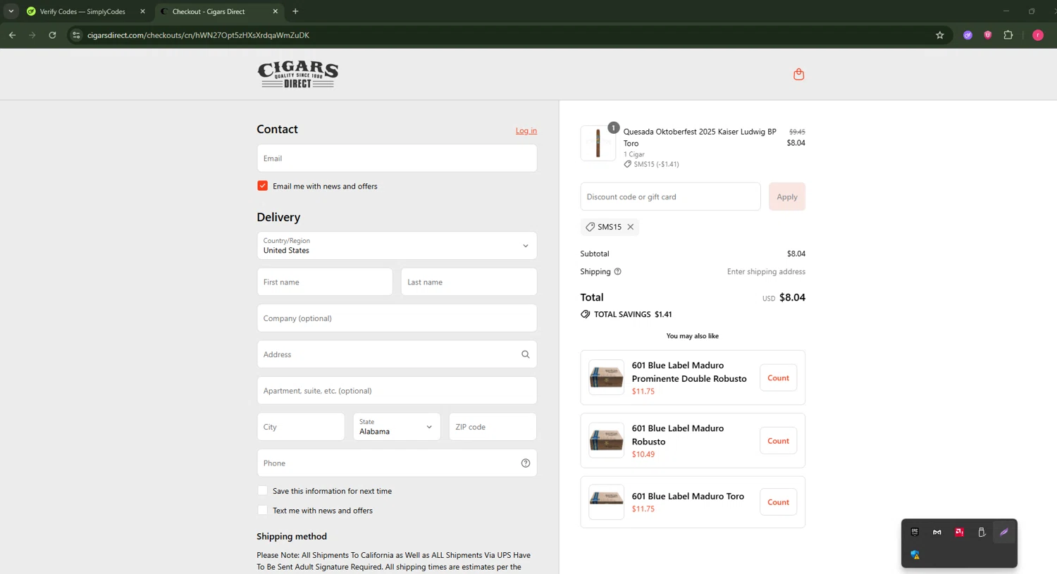 Cigars Direct discount code screenshot showing code SMS15 applied at Cigars Direct checkout page. Uploaded by SimplyCodes community member CouponSage7331 on Aug 23, 2025