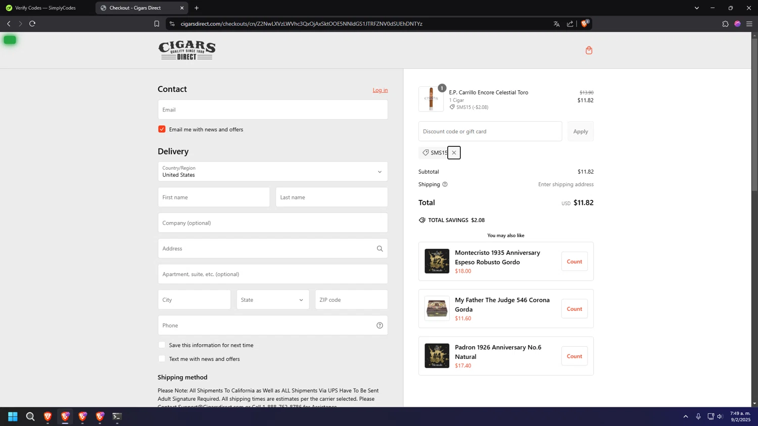 Cigars Direct discount code screenshot showing code SMS15 applied at Cigars Direct checkout page. Uploaded by SimplyCodes community member 000000ooooooooooo on Feb 9, 2025