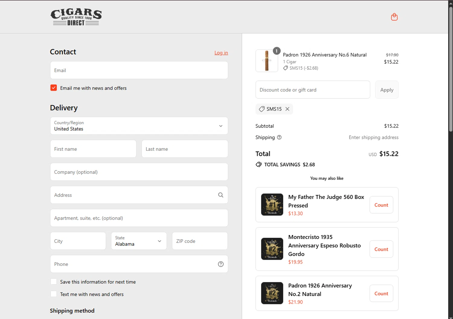 Cigars Direct discount code screenshot showing code SMS15 applied at Cigars Direct checkout page. Uploaded by SimplyCodes community member WonderVirtuoso3484 on Aug 17, 2025