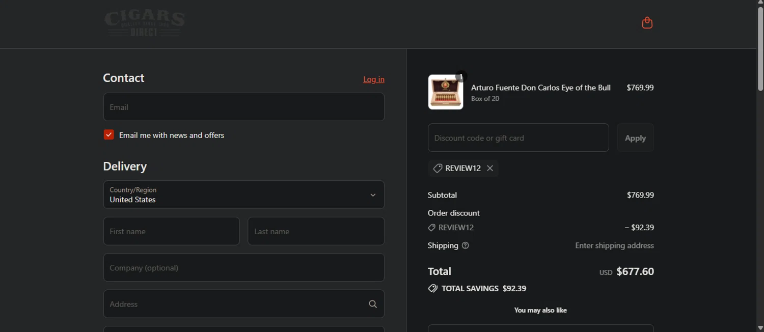 Cigars Direct discount code screenshot showing code REVIEW12 applied at Cigars Direct checkout page. Uploaded by SimplyCodes community member Nicoletorres on Aug 23, 2025