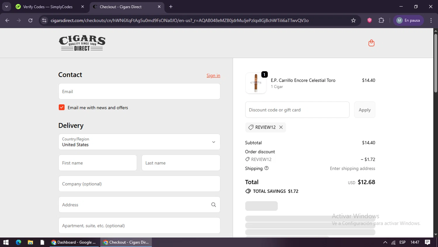 Cigars Direct discount code screenshot showing code REVIEW12 applied at Cigars Direct checkout page. Uploaded by SimplyCodes community member maraxo on Dec 17, 2025