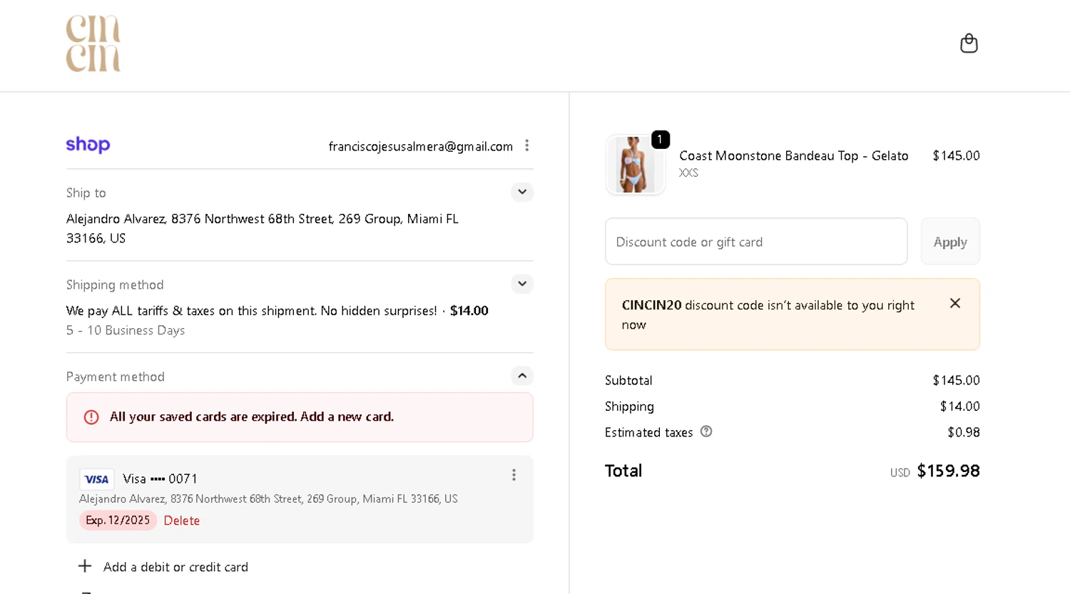 CIN CIN discount code screenshot showing code CINCIN20 applied at CIN CIN checkout page. Uploaded by SimplyCodes community member Gaby04 on Jan 26, 2026