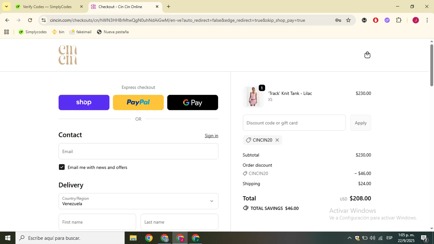 CIN CIN discount code screenshot showing code CINCIN20 applied at CIN CIN checkout page. Uploaded by SimplyCodes community member SavvyChaser3144 on Sep 22, 2025