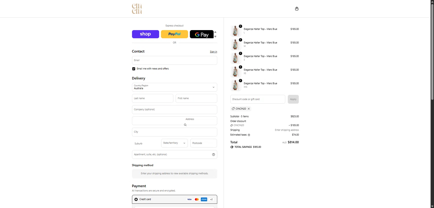 CIN CIN checkout page showing CIN CIN discount code box | Screenshot taken by SimplyCodes community member on Feb 12, 2026
