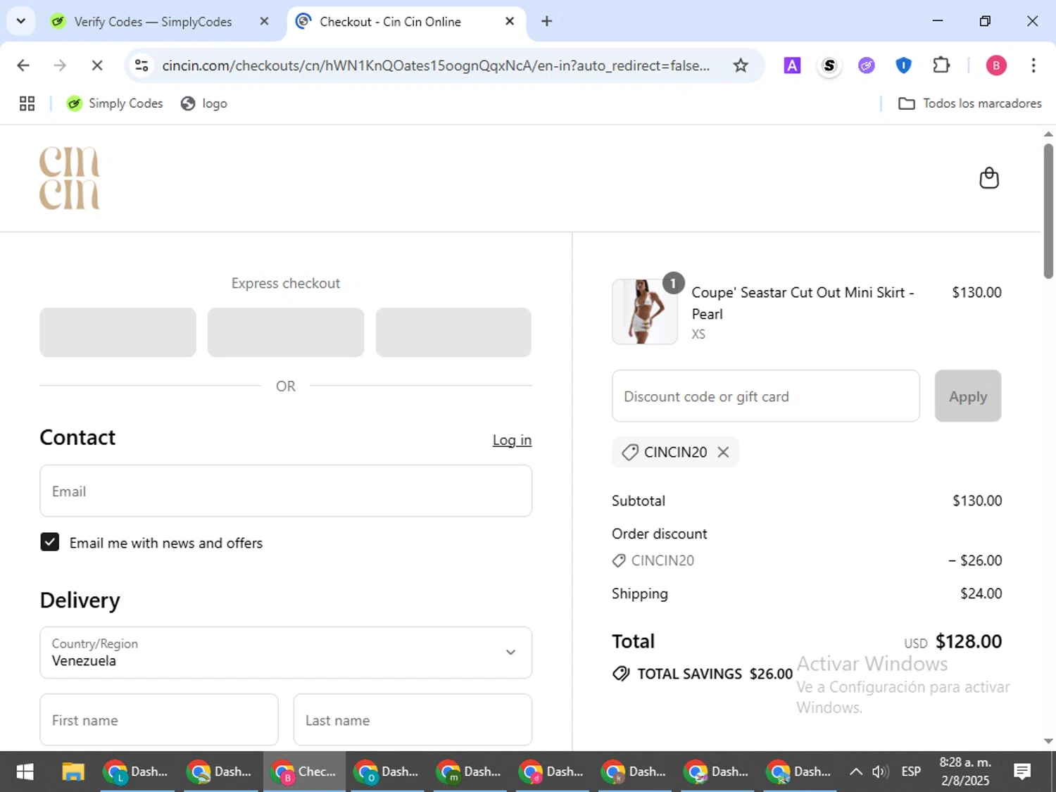 CIN CIN discount code screenshot showing code CINCIN20 applied at CIN CIN checkout page. Uploaded by SimplyCodes community member bombontropical on Aug 2, 2025