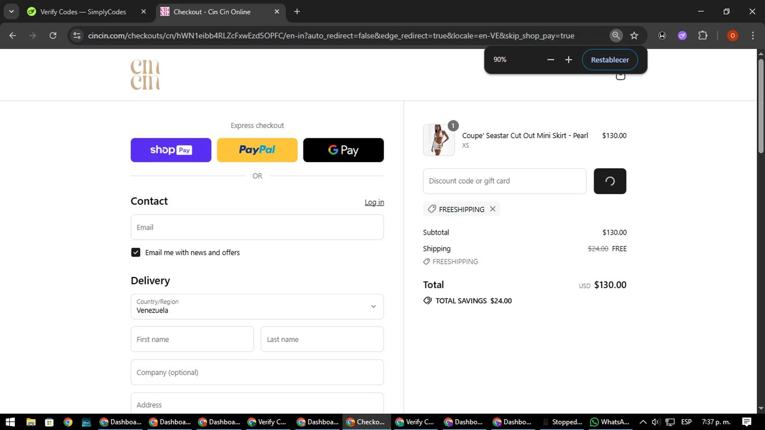 CIN CIN discount code screenshot showing code FREESHIPPING applied at CIN CIN checkout page. Uploaded by SimplyCodes community member CleverSpotter3730 on Aug 10, 2025