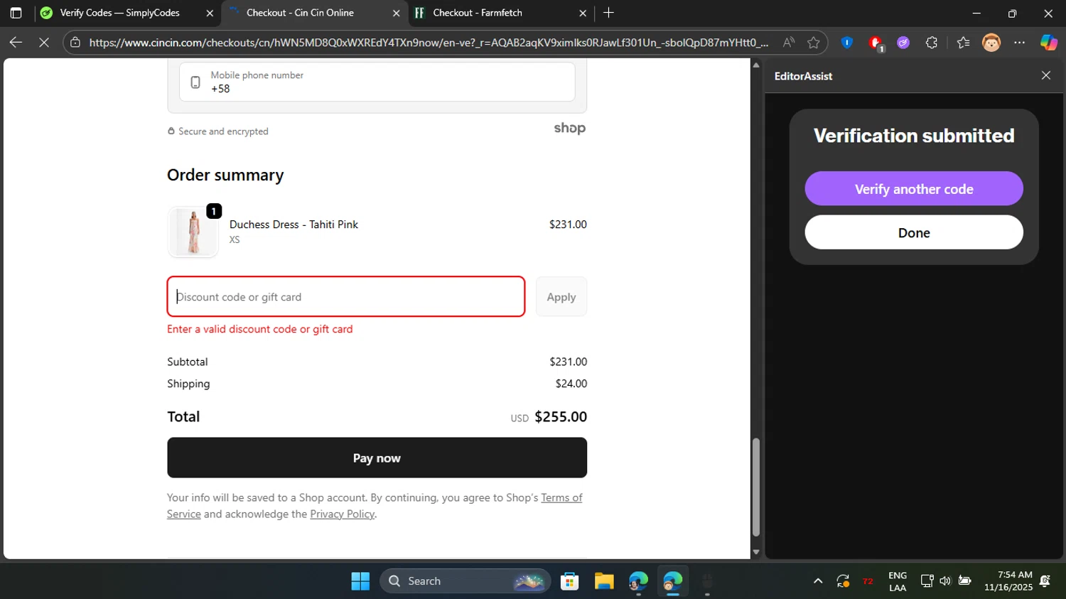 CIN CIN discount code screenshot showing code FREESHIPPING applied at CIN CIN checkout page. Uploaded by SimplyCodes community member Don_Quixote on Nov 16, 2025