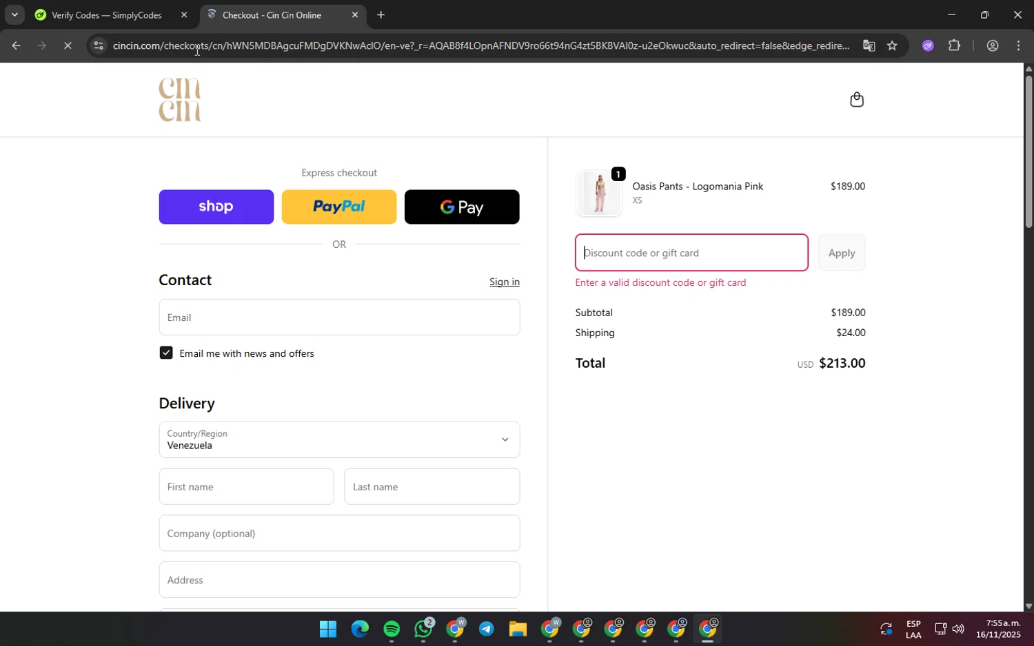 CIN CIN discount code screenshot showing code FREESHIPPING applied at CIN CIN checkout page. Uploaded by SimplyCodes community member SilverPro4355 on Nov 16, 2025