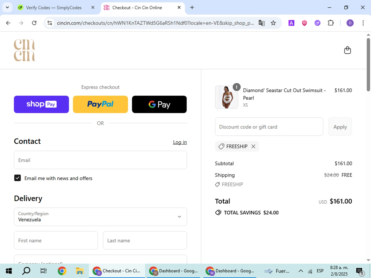 CIN CIN discount code screenshot showing code FREESHIP applied at CIN CIN checkout page. Uploaded by SimplyCodes community member BudgetHawk9503 on Aug 2, 2025