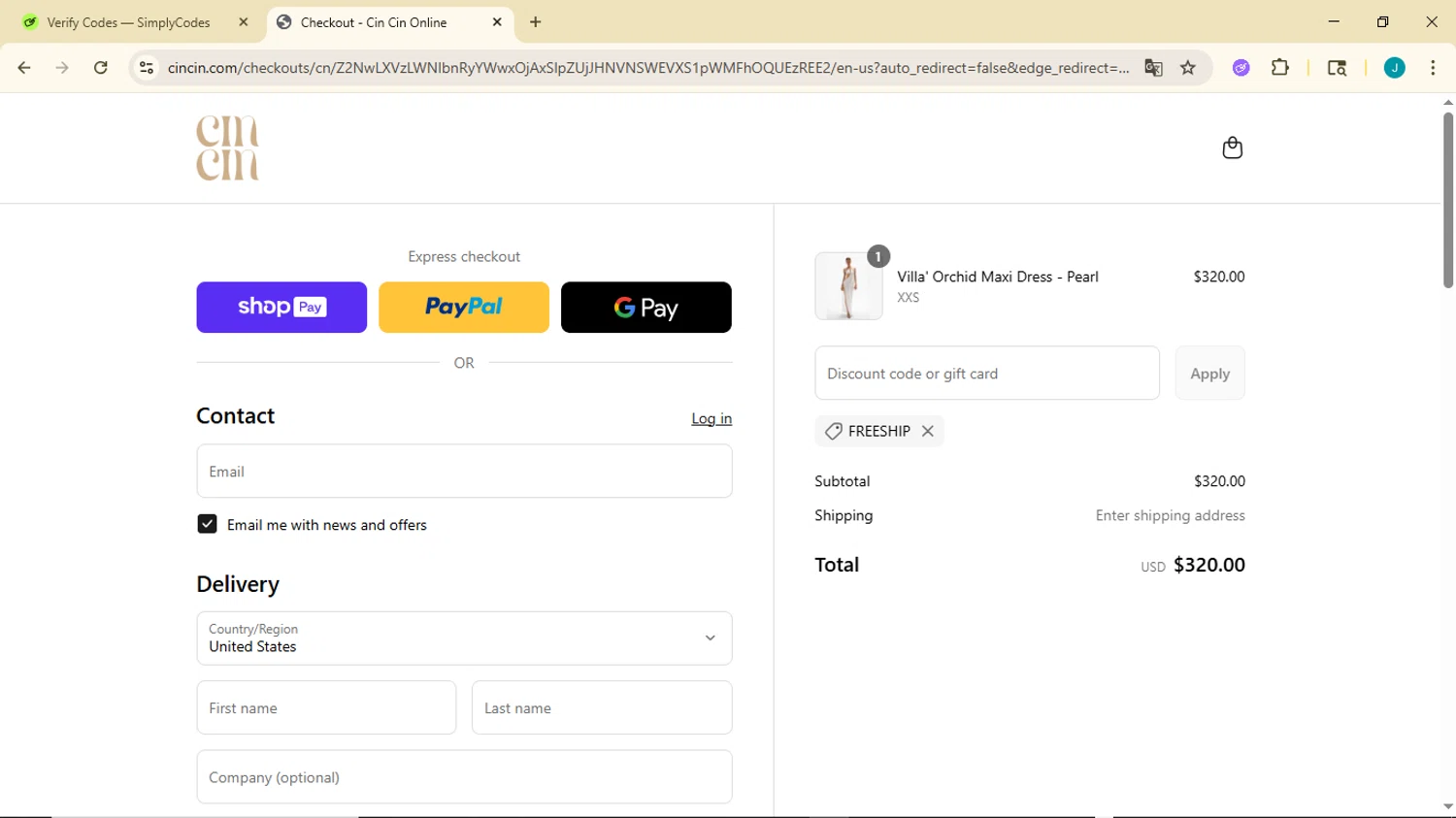 CIN CIN discount code screenshot showing code FREESHIP applied at CIN CIN checkout page. Uploaded by SimplyCodes community member GoldDefender3268 on Jul 12, 2025